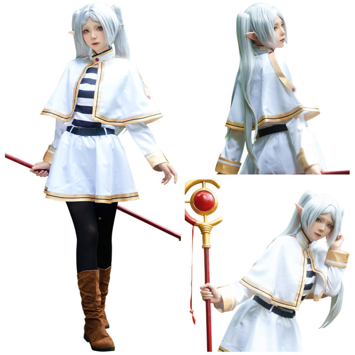 Costume Cosplay Frieren Complet + Perruque - Taille S à XXL - Polyester - Pour Halloween, Conventions, Fêtes - Accessoires Inclus