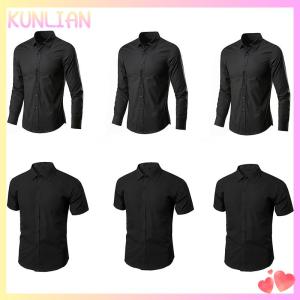 [KUNLIAN] Người Đàn Ông Màu Đen Dài Tay Ngắn Tay Áo Sơ Mi Tinh Khiết Màu Nút Cao Cổ Áo Sơ Mi Phần Cơ Bản