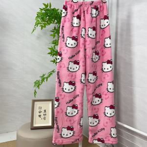 SG(Ready Stock)Hello Kitty Pajama Pants Womens Warm Plush Cartoon Casual Home Casual Pants Autumn and Winter Soft Plush Trousers Coral Fleece