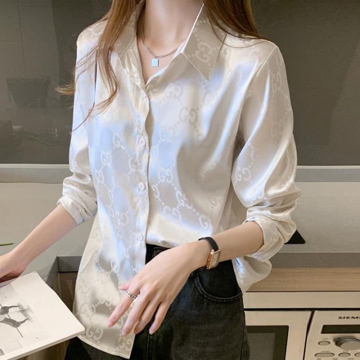 FGJK silk 4/3 long sleeve White Formal blouse top for woman plus