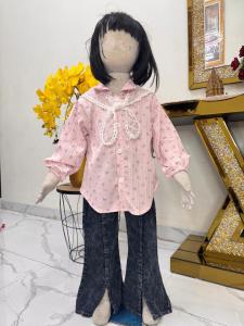 Setelan Alana Katun Plisket Untuk Anak Perempuan Umur 3-12 Tahun | Oneset Model Baju Atasan Kemeja Lengan Panjang Serut Motif Full Kombinasi Krah Rempel Brukat Full Kancing Kombinasi Celana Jeans Denim Washing Model Cutbray Belah | Stelan Kombinasi Jeans