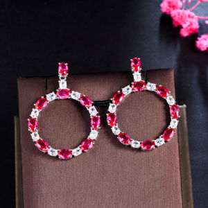 Sequito Tinh Tế AAA CZ Zircon dát Hình Bầu Dục Màu Xanh Lá Cây đá màu đỏ mạ vàng trắng vòng tròn lớn Bông tai thả Cho váy nữ Phụ Kiện Cho Prom Đảng Se640