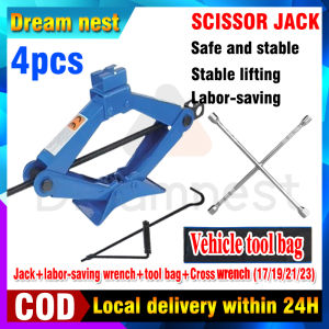 [Delivery 24 hours] 4-Piece Set Combination Universal Car Scissor Jack 1 Ton 2 Ton 3 Ton 4 Ton Labor Saving Car Jack Truck SUV Jack Car Weight Lifter Repair Tool Hand Cranked Crank Cross Wrench (17/19/21/23) Tire Disassembly Tool Set