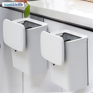 JustLiving 7/9L Large Capacity Kitchen Trash Can with Lid PP Wall-Mounted Hanging Waste Bin with Scraper Nordic Style Dustbin Household Under Sink Garbage Can for Kitchen Bathroom Toilet