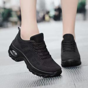 Women Korean Style Air Cushion Running Shose Sneakers Lightweight Mesh Breathable Thick Sole Casual Black Rubber Shoes For Women