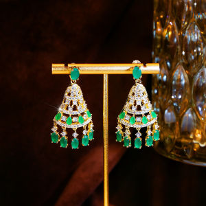 SEQUITO Delicate Brides Gold Plated Bell Tassel Green White AAA Cubic Zirconia Hollow Drop Earrings for Prom SE1087