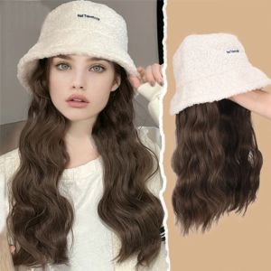 PETPARADIS สไตล์เกาหลีแบบ วิกผมหมวกสังเคราะห์ อบอุ่นและอบอุ่น ผมหยักยาว วิกผมหมวกฤดูใบไม้ร่วงฤดูหนาว แฟชั่นสำหรับผู้หญิง นุ่มนุ่มๆ หมวกชาวประมงพร้อมวิกผม สำหรับผู้หญิง