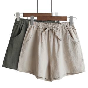 High Waist Cotton Linen Shorts Womens Summer Elastic Waist Loose Casual Large Size Wide Leg Pants