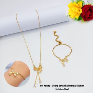 bandar titanium acc Set Kalung + Gelang Serut Pita Permata & Mutiara Imut Anti Karat Anti Luntur Titanium Stailess Steel(COD)