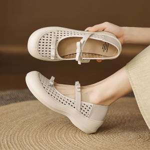 Baotou Breathable Hollow Single Shoes Womens Thick-soled Block Heel Leather Hole Single Shoes Summer High Heels Mary Womens Shoes
