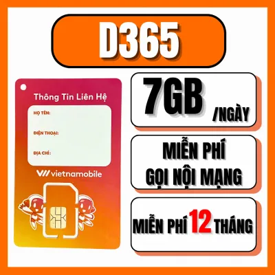 Sim Vietnamobile 4G D365 – 7GB/Ngày ( 210GB/tháng ) Dùng mạng thả ga – Trọn Gói 12 Tháng Không Nạp Tiền – Giá Chỉ 1K/Ngày . FREESHIP - CHƯA KÍCH HOẠT