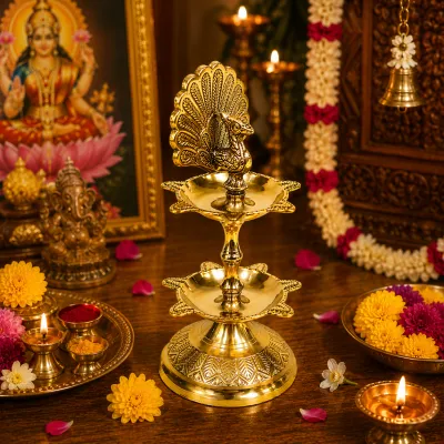 Brass Punch Mahel Diya 2 and 3 Step with Peacock Design | Traditional Pooja Oil Lamp for Home Temple Festivals & Auspicious Ceremonies (Pack of 1 Pc)