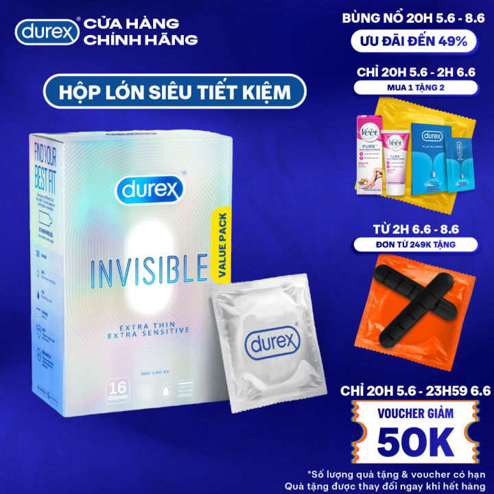 [20H 5.6-23H59 6.6 - Voucher 50K] Bao Cao Su Durex Invisible Siêu Mỏng, Size 52 mm, Hộp 16 Bao Mới Ra Mắt - Hộp Lớn Siêu Tiết Kiệm