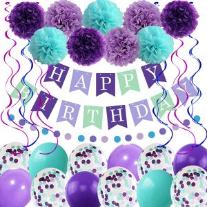 [SG Seller]Mermaid Birthday Decorations for Girls Women 29pcs Birthday Party Supplies Including Pom Poms Flowers Happy Birthday Banner Dots Garland Hanging Swirls and Balloons Purple Teal Confetti