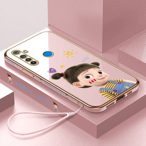 Case For Realme 5i 5 5S Realme 6I/Realme 5 Pro Case For Girls Free Lanyard + Cute Cartoon Happy Girl Square Edge Plated Phone Shell Luxury Plating Soft Case
