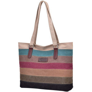 Iway Tote Bag Striped Canvas Womens Handbag for School Work Shopping and Travel
