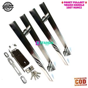 4buah gagang handle pintu model baut tembus dan 1set lock body kunci untuk pintu depan model kupu tarung daun 2 pintu depan pilihan panjang 33cm 45cm dan 60cm bahan stainless
