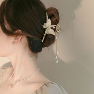Good luck befalls! Korean style fairy sparkle diamond flower butterfly tassel hairpin metal elegant grip hairpin grab clip plate hair ornament