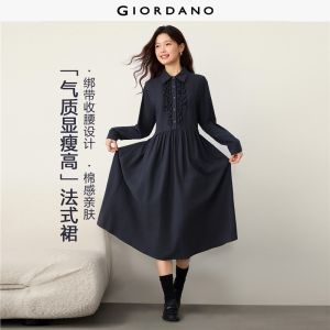Giordano Beau Monde Women Ruffle trim placket tie waist shirt dress Free Shipping 13466711