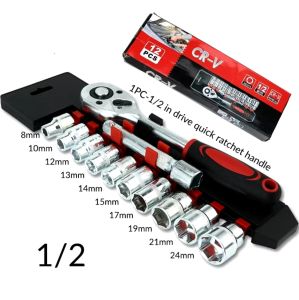 12PCS 1/2 1/4 inch Drive Ratchet Wrench CR-V Socket Kits Mechanic Spanner Car Motorcycle Repair Tool