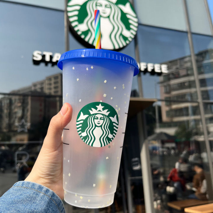 Reusable Starbuck Tumblers Cups Color changing Confetti Cold cup Rainbow straw with Lid Plastic