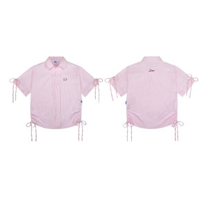 Áo sơ mi nữ kiểu tay ngắn kẻ sọc DKMV màu hồng xanh xám nhạt thắt nơ form rộng Oxford Shirt with Ribbon| K21-SM1