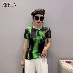 REHIN Womens top Swoosh mesh short-sleeved T-shirt round collar slim and thin elegant blouse