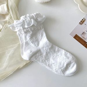White Lolita Lace Bows Socks Women White Jk Socks Japanese Cute Bubble Mouth Lolita Socks Mid-tube Bubble Lace Lolita Womens Socks