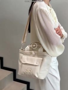 Square Tote Bag Embossed Logo Snap Button Front Pocket Drawstring Top Closure PU Leather Short Handles Detachable Printed Wide Crossbody Strap Waterproof Nylon Multi Pocket Women Gym Yoga Daily Convertible Shoulder Handbag