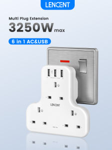 LENCENT Plug Extension 6 in 1 Charger with 3 AC Outlet and 3 USB Ports 3 Way Multi Charger Plug Adaptor Wall Socket for Home Office 13A 3250W