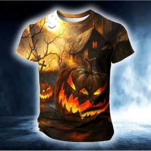 Halloween Pumpkin 3D Digital Printed Parent Child Short Sleeve T-shirt with Bat Pattern Loose Cross border Round Neck Top