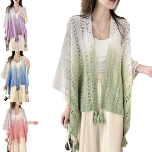 Hand Knitting Bohemian Fringed Shawl Capelet Hollowed Out Cardigan with Open Front Design for Women Travel Outfits