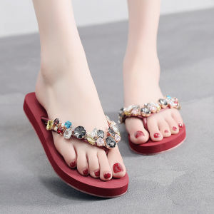 [Free Shipping] WomenS Summer Slippers New Fashion Style Casual Flat Sandals Design With Glass Rhinestone Embellishments WomenS Beach Slippers