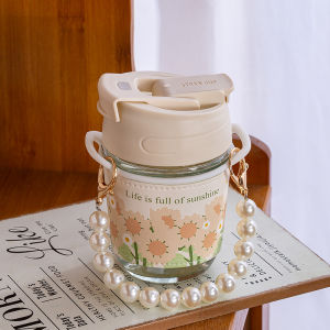 Fashion Flower Pattern Coffee Mug With Pearl Hand Necklace Flask Travel Glass Cup For Gifts