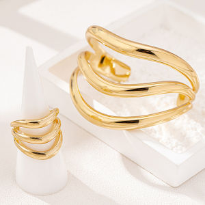 2 European and American exaggerated personality retro metal multi-layer wave pattern womens ring and bracelet jewelry set for parties