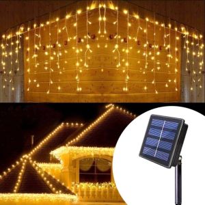 Lampu Raya Solar LED Icicle Lights Hanging Fairy Curtain String Light Eid Mubarak Lampu Decoration