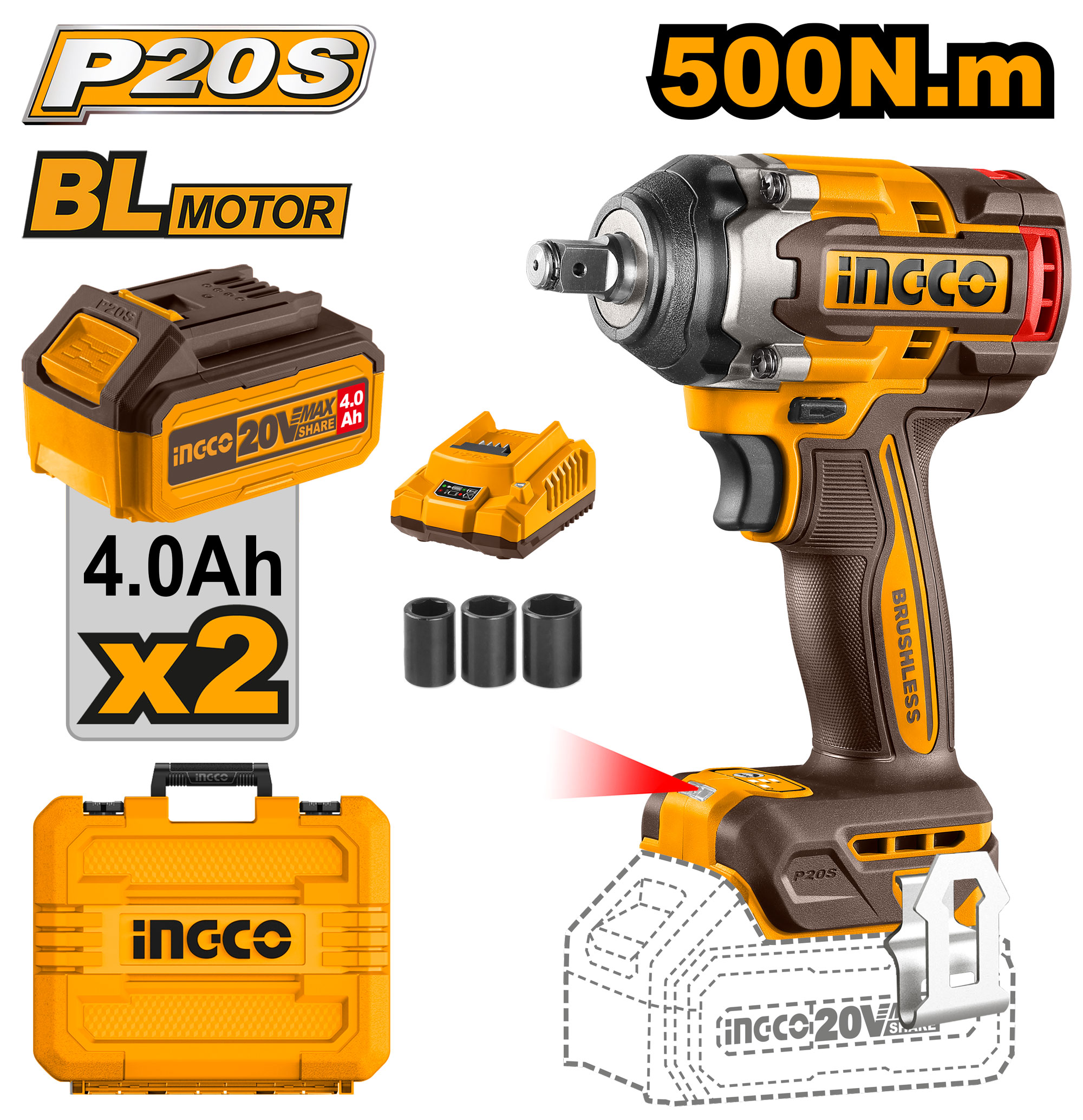 INGCO รุ่น CIWLI2050 แรงบิด 500 N.m บล็อคกระแทกไร้สาย 20V