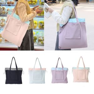 LANGJ ใช้ซ้ำได้ กระเป๋าช้อปปิ้งพับได้ มีเชือกรูด น้ำหนักเบามาก ถุงของชำเดินทาง ลำลองแบบสบายๆ เป็นมิตรกับสิ่งแวดล้อม กระเป๋ากวดวิชาไฟ สำหรับผู้หญิง