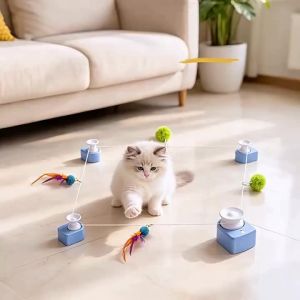 FFBH Automatic Cat Race Toy Adjustable Speed Wireless Cat String Chasing Toy USB Rechargeable with Suction Cup Interactive Cat Toy 3T7R1