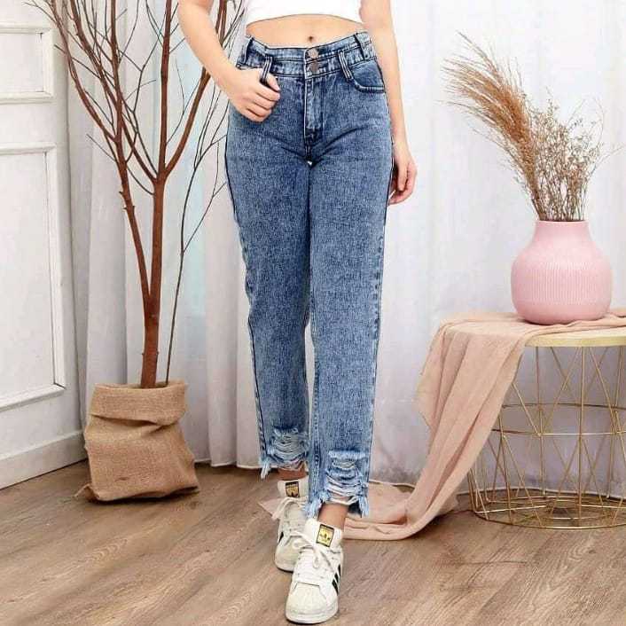 Celana jeans wanita boyfriend sobek bawah snow blue jeans high