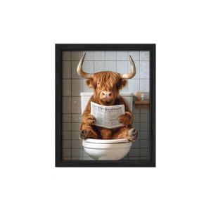 Fun Cattle Bathroom Wall Art Funny Animal Humor Picture with Frame for Bathroom Fade resistant