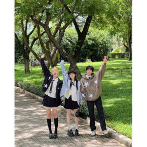 Áo Khoác Ngôi Sao Chữ INS Có Khoá Kéo Tay Dài Thun Nỉ Len - Kiểu Áo Hoodie Zip Jacket Chống Nắng Nam Nữ  -Top Đen  Xám