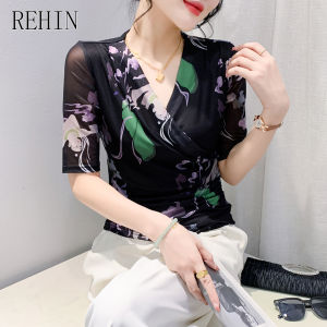Rehin Áo nữ hợp thời trang lớp lót thường đơn giản tay giữa áo phông ngắn tay nghệ thuật dáng ôm hợp thời trang in lưới mùa hè
