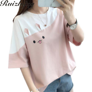 Ruizhijzg Ready stock  T shirt Short Sleeve T shirt for Women Big Size Ladies Top Cotton Cartoon Casual Loose Plus Size