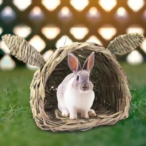 ER52858 Bite Resistant Bunny Grass Nest Breathable with Ear Rabbit Straw Nest Small Animals Straw House Hand-Woven Hamster Grass Cage For Rabbits Hamsters Guinea Pigs