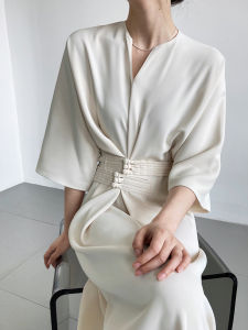 2026 Early Autumn New Women Elegant Improved Chinese Style Long Dress Frog Button Waist Tie Straight Dress