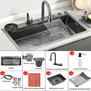 Kitchen sink SUS304 stainless steel waterfall sink 3.0MM thickness household sink with pull-out faucet