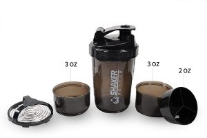 3 in 1 Protein Shaker BottleSports Water Bottle Portable Gym Shaker Leak Proof Shake Bottle Pre and Post Workouts For Protein Mixer- Non Slip 3 Layer Twist Off 3oz Cups with Pill Tray - Protein Powder 16 oz Shake Cup with Storage