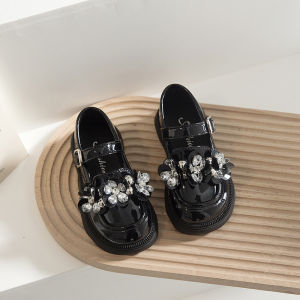 Sepatu PU Flat Putri Anak Mary Jane Shoes  Anak Perempuan sepatu anak cewek terbaru sepatu anak pesta Sepatu Anak-anak Bunga Berlian Imitasi Lembut dan Non-Slip Ukuran 29-34