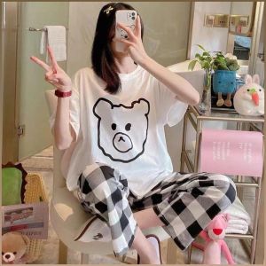 ชุดชุดนอน ฤดูร้อน ชุดนอน สามารถสวมใส่นอกบ้านได้ การ์ตูน แขนสั้น สไตล์น่ารัก สะดวกสบาย เนื้อผ้านุ่มสบาย